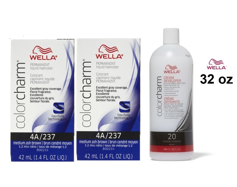 Image of Wella Color Charm 4A Medium Ash Brown Permanent Liquid Hair Colour - Medium Ash Brown, 2 Hair Colours, 6%/20 Volume Developer (32oz)